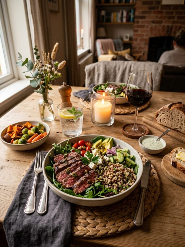 Steak quinoa salad setup drinks 202605171540