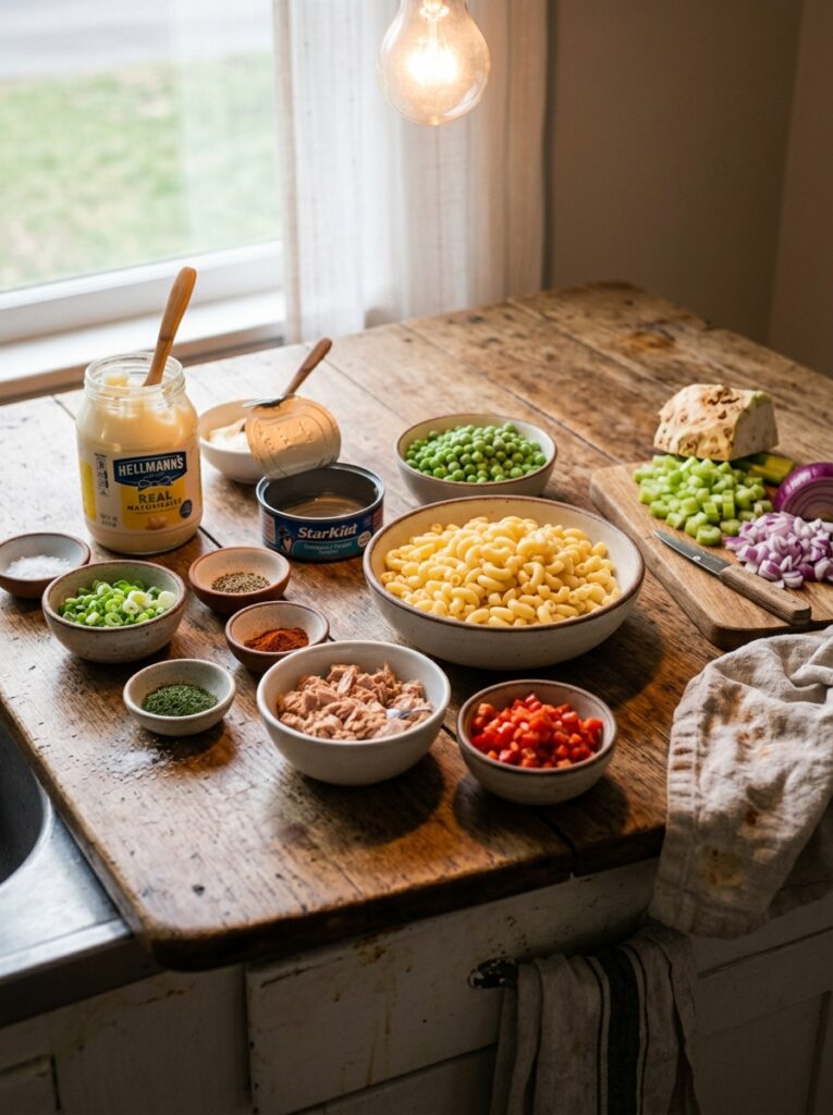 Traditional Tuna Macaroni Salad with Peas 13 Tuna macaroni salad ingredients … 202606031724