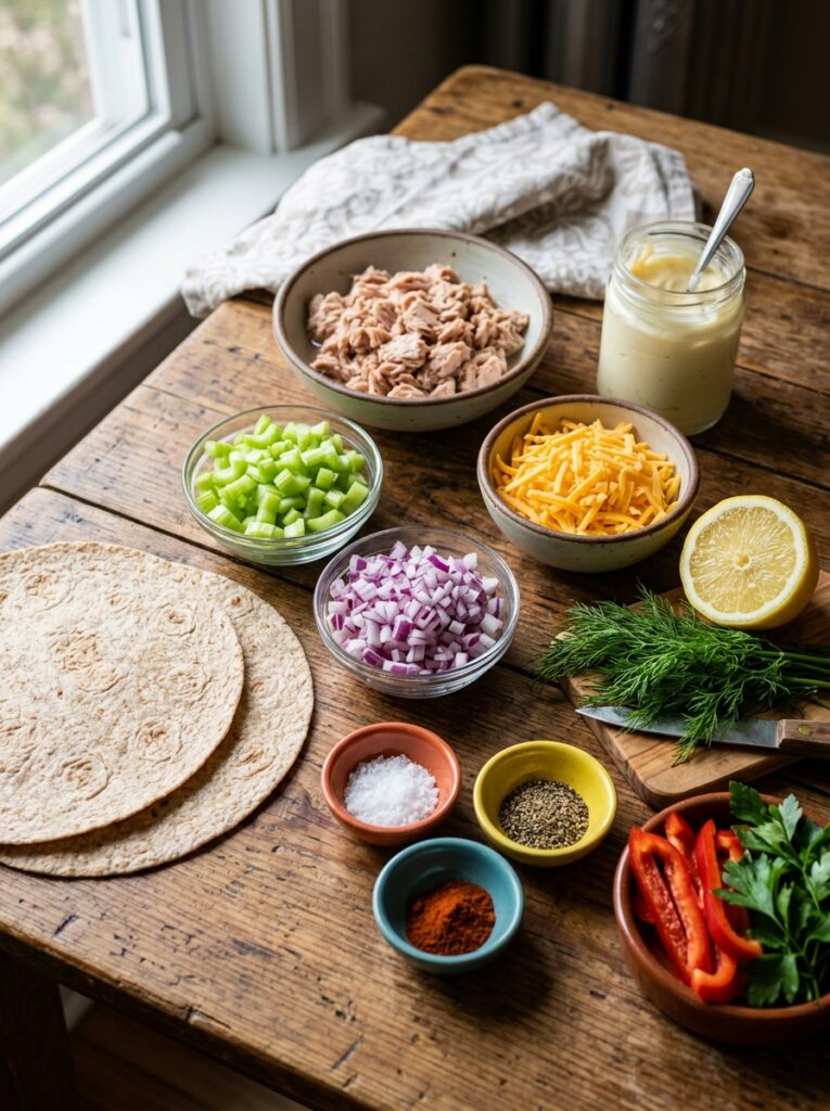High Protein Tuna Melt Wrap: The Ultimate Healthy Lunch Recipe 13 Tuna melt wrap ingredients arranged 202605221552