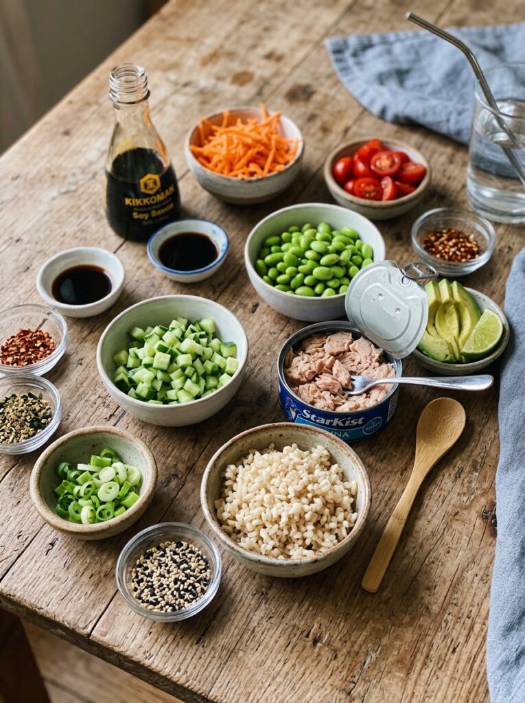 High Protein Tuna Rice Bowl: A Simple Recipe for Athletes and Busy Weeknights 13 Tuna rice bowl ingredients arranged 202605221504