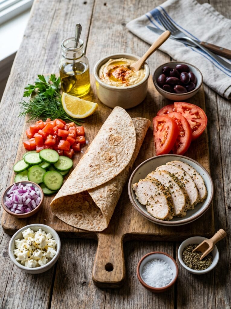 High Protein Mediterranean Turkey Wrap: The Ultimate Quick Lunch Recipe 13 Turkey wrap ingredients arranged… 202605062051